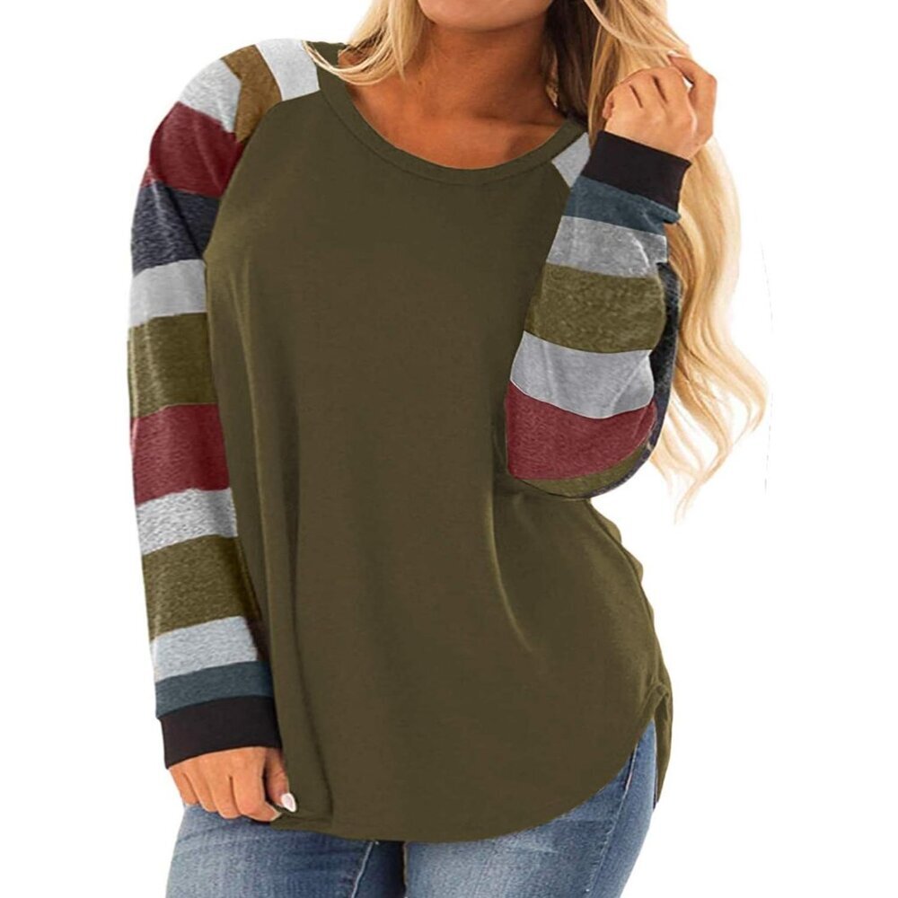 Plus Size Long Sleeve Tunic Crewneck Colorblock Striped Tee Shirt